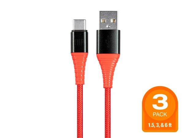 AtlasFlex Series Durable USB 2.0 Type-C to Type-A Charge and Sync Kevlar-Reinforced Nylon-Braid Cable, 1.5ft/3ft/6ft, Red - 3 Pack -.com