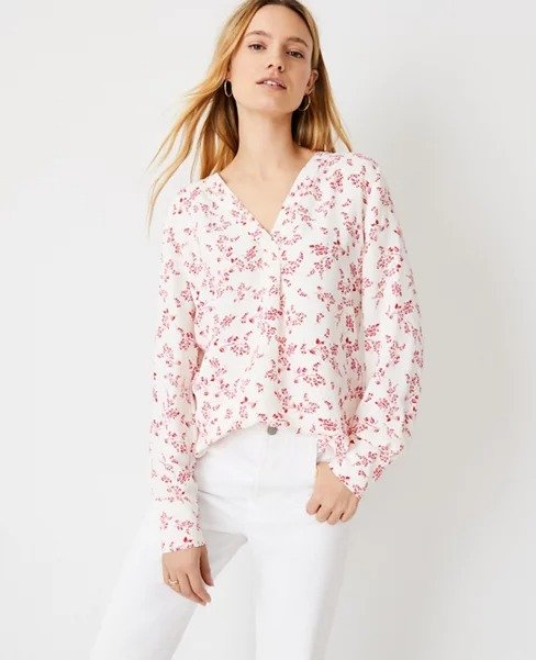 Floral Mixed Media Pleat Front Top | Ann Taylor