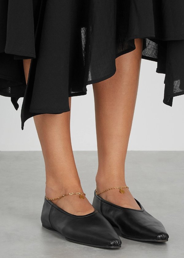 Black chain-embellished faux leather flats