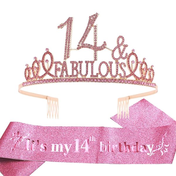 EBE EmmasbyEmma 14th Birthday Sash and Tiara for Girls - Fabulous Set: Glitter Sash + Fabulous Rhinestone Pink Premium Metal Tiara, 14th Birthday Gifts for Teenegers Party