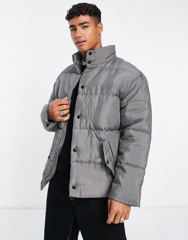 drop shoulder puffer jacket in gray