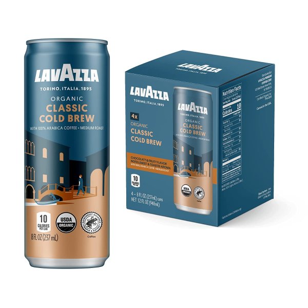 Lavazza Organic Classic Cold Brew Coffee, (Pack of 4 Cans / 8 Fluid Ounce Each)