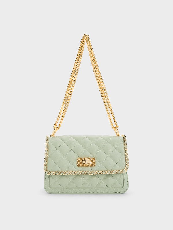 Green Micaela Quilted Braided Chain Bag | CHARLES & KEITH