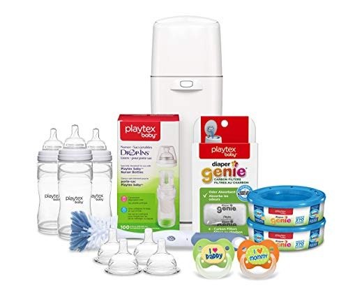 Baby Diaper Genie Gift Set with a Diaper Genie Diaper Pail, (2)Diaper Genie Refill, Carbon Filters, (3)Nurser Baby Bottles, Bottle Liners, Bottle Nipples, Bottle Brush, and Pacifiers