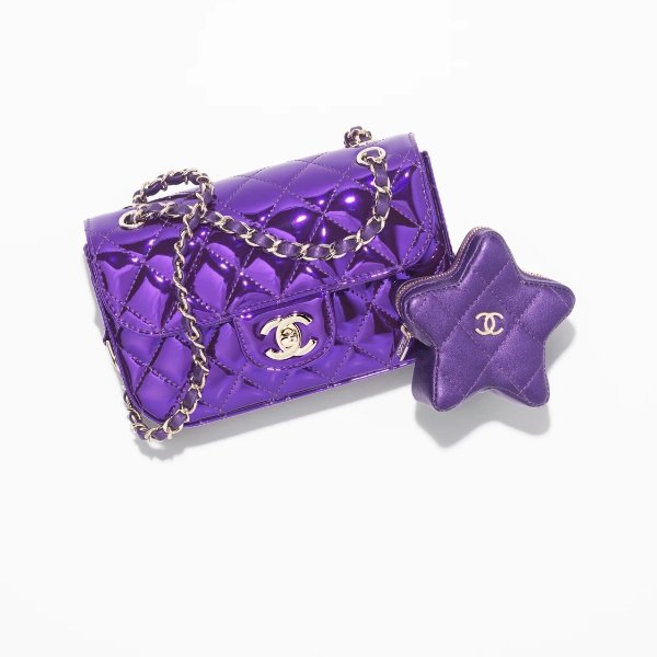 Mini flap bag & star coin purse, Mirror calfskin, metallic calfskin & gold-tone metal, purple — Fashion | CHANEL