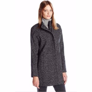 Lucky Brand Women's Tweed High Collar Wool Coat with Hidden Placket and Snap Buttons