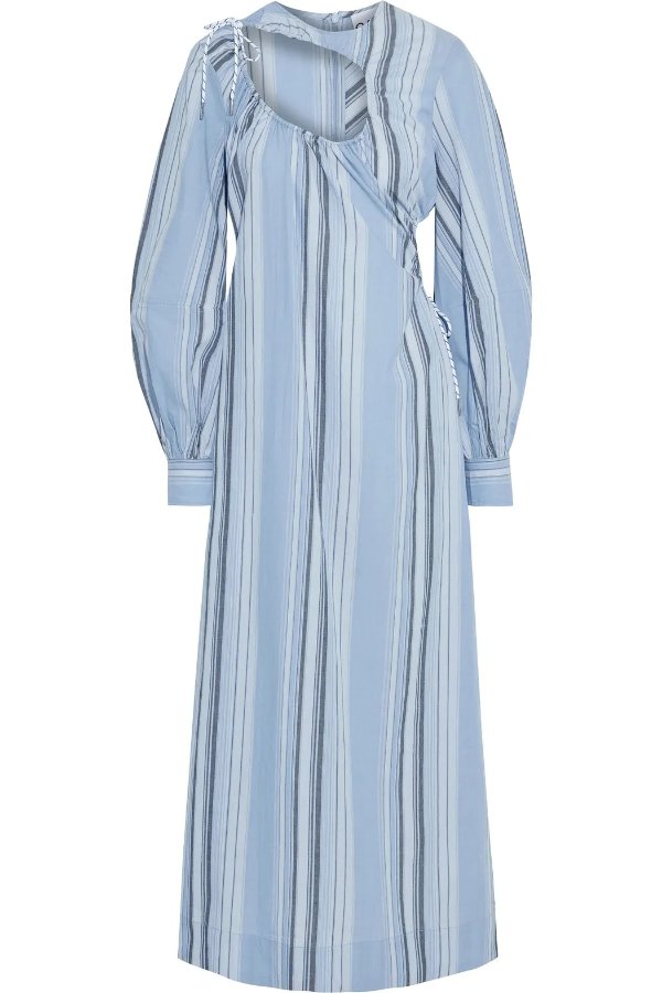Cutout ruched striped cotton maxi dress