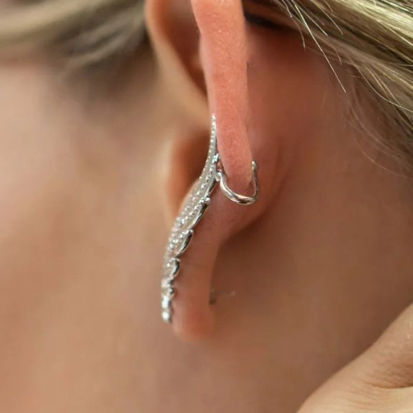 1/4 Carat Diamond Feather Cuff Earrings In White Gold Overlay. Sells Out Immediately!