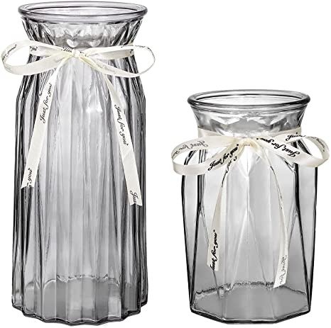 Glass Vases for Flowers,Grey Vases Set of 2 ，Flower Vase Decorative for Home Decor, Desk Placement and Gift (A4)