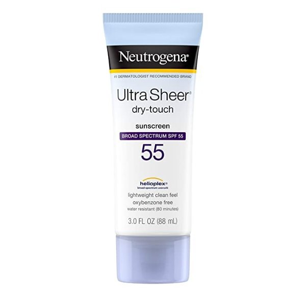 Ultra Sheer Dry-Touch Sunscreen Lotion, Broad Spectrum SPF 55 UVA/UVB Protection, Oxybenzone-Free, Light, Water Resistant, Non-Comedogenic & Non-Greasy, Travel Size, 3 fl. oz