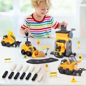 TEMI Take Apart Construction Toys,Trucks Set w/ Kinetic Sand, playdough
