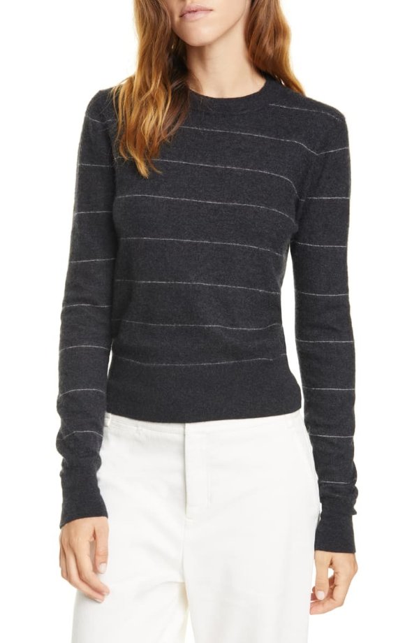 Stripe Fitted Cashmere Crewneck Sweater