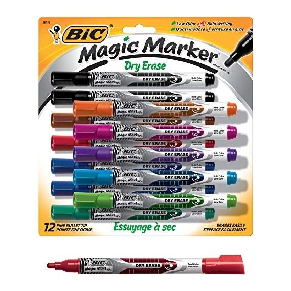 Magic Marker Dry Erase Marker, Fine Bullet Tip, Assorted Colors, 12-Count