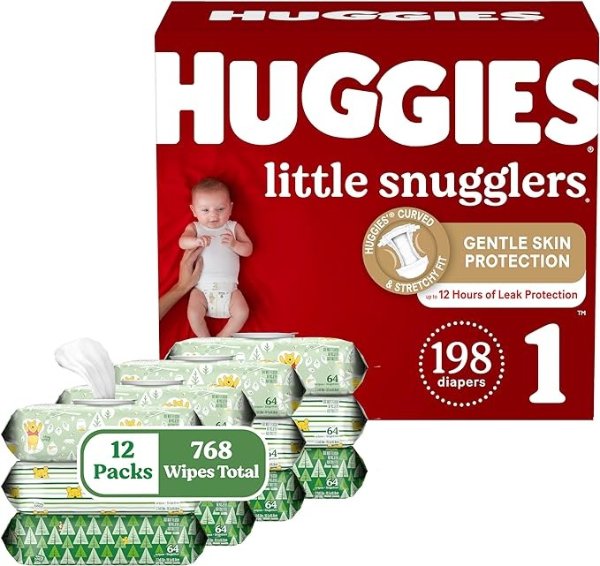 Baby Diapers and Wipes Bundle: Huggies Little Snugglers Size 1, 198ct & Natural Care Sensitive Baby Diaper Wipes, Unscented, 12 Flip-Top Packs (768 Wipes Total)