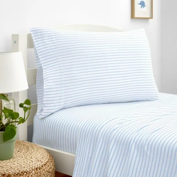Gap Home Kids Mini Stripe T-Shirt Soft Jersey Organic Cotton Blend Sheet Set, Twin, Blue, 3-Pieces