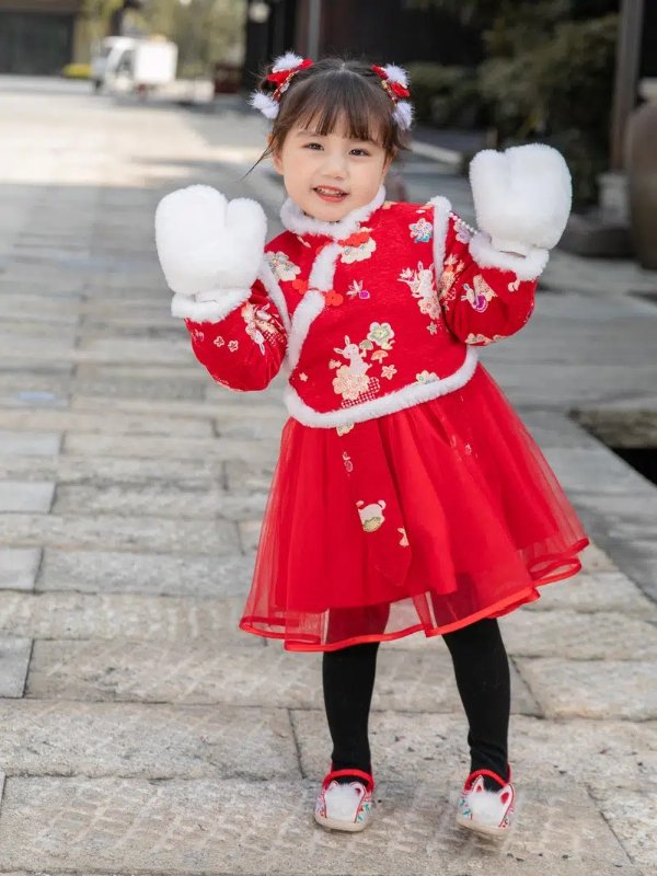 Girls Chinese Hanfu New Year's Tang, Flowers Embroidery Long Sleeve Red Tulle Splicing Dress & Plush Thick Warm Gloves Set, Spring Festival New Year Christmas Clothes | Free Shipping, Free Returns | Temu