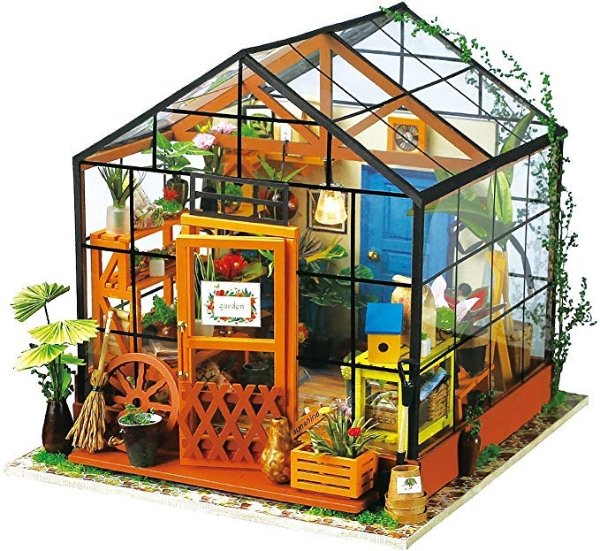 Amazon ROBOTIME DIY Dollhouse Wooden Miniature Furniture Kit Mini Green House with LED