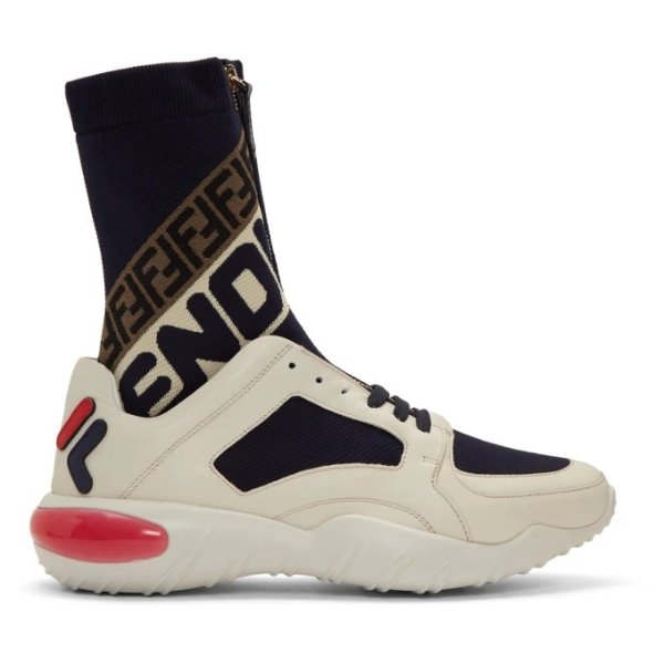 White & Navy 'Fendi Mania' Sock Sneakers