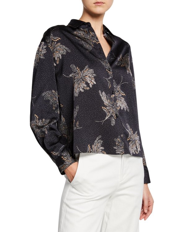 Woodblock Floral Button-Front Blouse