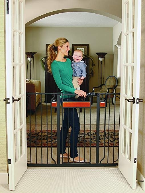 Home Accents Extra Tall and Wide Baby Gate, Bonus Kit, Includes Decor Hardwood, 4-Inch Extension Kit, 4-Inch Extension Kit, 4 Pack Pressure Mount Kit and 4 Pack Wall Cups and Mounting Kit