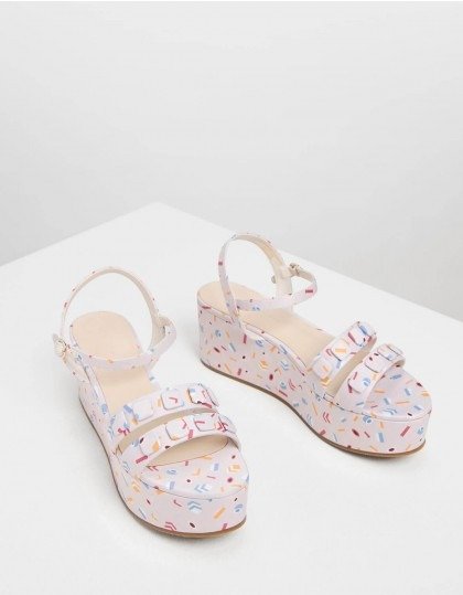 Light Pink Double Strap Printed Fabric Flatform Sandals | CHARLES & KEITH US