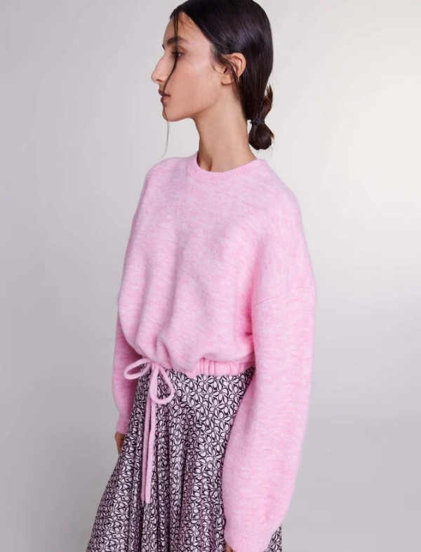Cropped knit jumper with drawstring