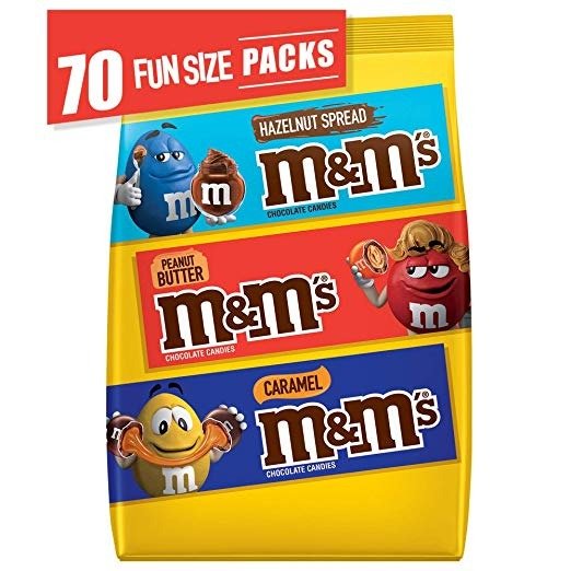 M&M'S Hazelnut Spread, Peanut Butter & Caramel Chocolate Halloween Candy Fun Size Variety Mix, 43 Ounces, 70 Pieces