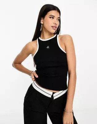 embroidered logo ribbed tank top with contrast pipping in black