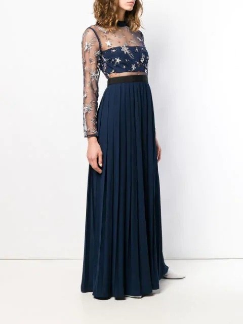 star embroidered pleated gown