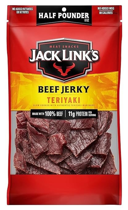 Jack Link’s Beef Jerky, Teriyaki, ½ Pounder. Bag – Flavorful Meat Snack, 11g of Protein and 80 Calories, Made with 100% Premium Beef - 96% Fat Free, No Added MSG or Nitrates/Nitrites