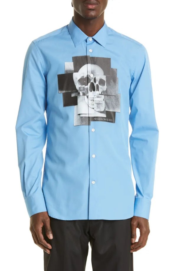 Men's Skull Print Cotton Button-Up Shirt