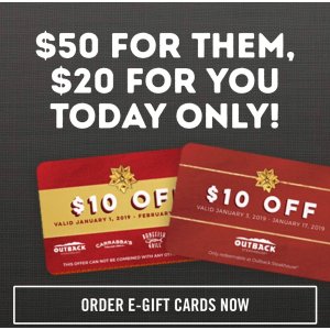 Get $20 GC for FreeToday Only: Gift Card Deal Buy $50 eGift Card@Outback Steakhouse