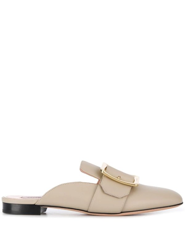 buckled flat mules