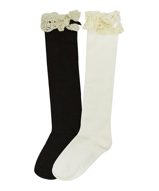 Black & White Lace Ruffles Bow-Detail Knee High Two-Pair Socks Set - Kids