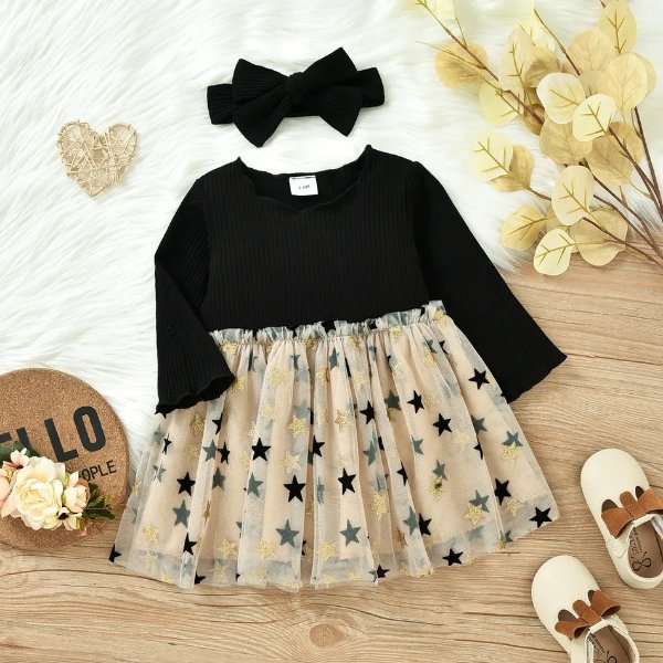 2pcs Baby Black Cotton Ribbed Long-sleeve Splicing Star Print Mesh Dress Set