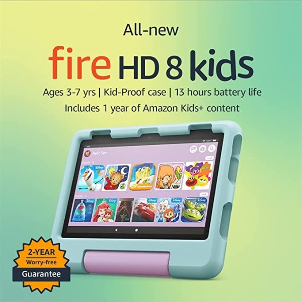 All-new Fire HD 8 Kids tablet, 8" HD display, ages 3-7, includes 2-year worry-free guarantee, Kid-Proof Case, 32 GB, (2022 release), Disney Princess