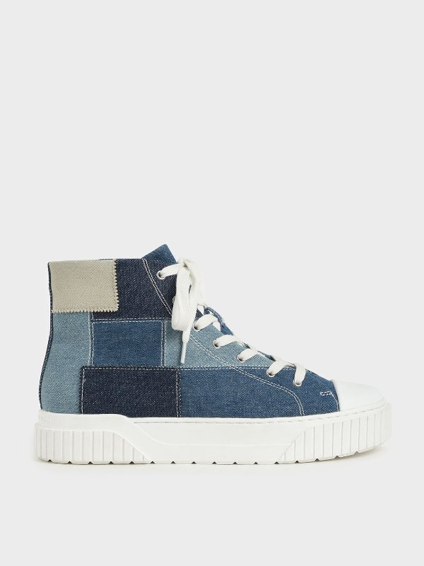 Blue Denim Patchwork High Top Sneakers | CHARLES &amp; KEITH