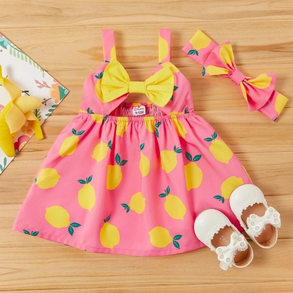 Baby Lemon Print Strappy Dresses with Headband Set