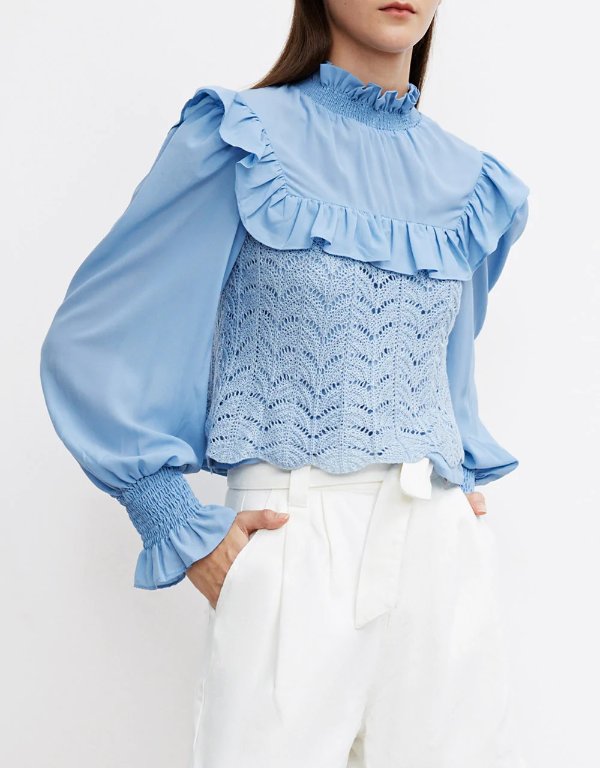 Contrast Fabric Neck Ruffle Detail Blouse