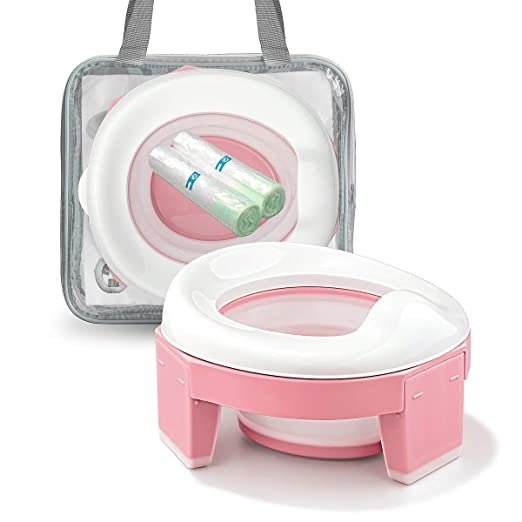 Portable Potty Seat for Kids Travel - Foldable Training Toilet Chair for Toddler Girls with Storage Bags (Pink)