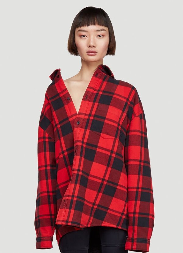 Off-Shoulder Check Shirt in Red