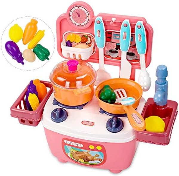 Kids Kitchen PlaySet Toys for Girls Boys BUSHALA 23Pcs Pretend Play Toys Kitchen for Toddlers Age 3-5 Toys Kitchen Play Cooking Set Include Pot, Pan, Utensils, Vegetable Fruits with Gift Box