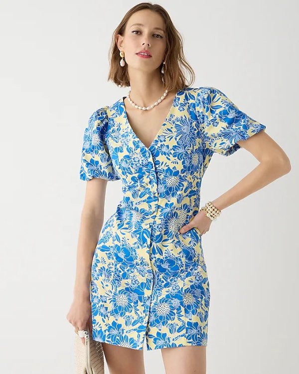 Button-front puff-sleeve mini dress in blue floral twill