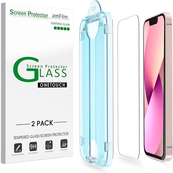 amFilm 2 Pack OneTouch Glass Screen Protector Compatible with iPhone 13 Mini 5.4" with Easy Installation Kit, Case Friendly
