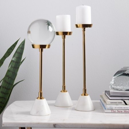 Glam Set of 3 Marble and Brass Candle Holders
