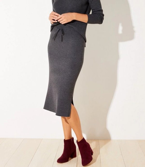 Petite Ribbed Drawstring Midi Sweater Skirt | LOFT