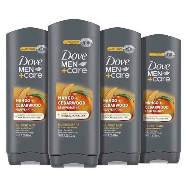 MEN + CARE Body Wash Rejuvenating Mango + Cedarwood 4 Count for Men with 24-Hour Nourishing Micromoisture Technology 18 oz