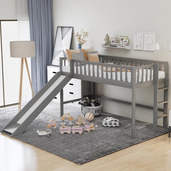 Euroco Wood Low Twin Loft Bed with Vertical Ladder and Slide, Gray