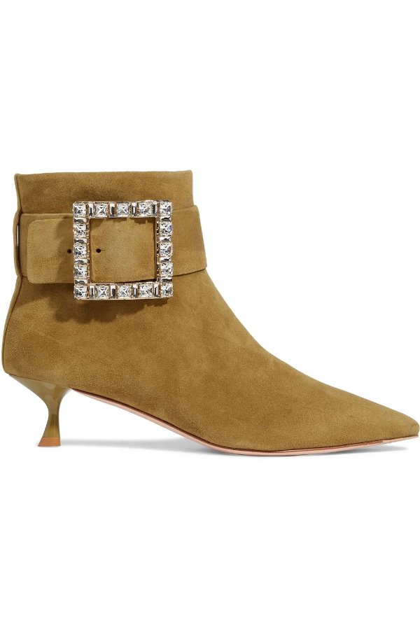 Pointy Strass buckle-embellished suede ankle boots