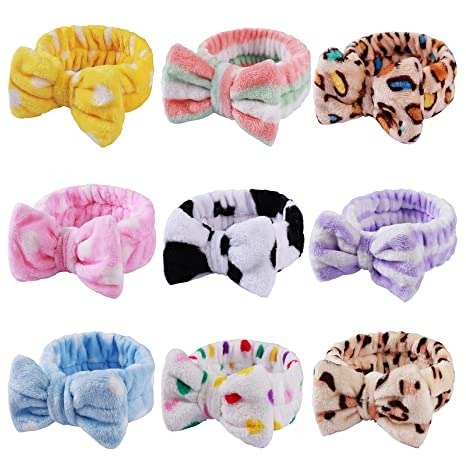 9 Pack Headbands Bow Shower Elastic Hair Band Coral Fleece Headbands for Washing Face Head Wraps for Makeup Cosmetic Sweet Headbands
